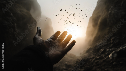 Reaching for Hope's Flight: A solitary hand stretches toward a flock of birds taking flight in a sunlit canyon, symbolizing hope, freedom, and the pursuit of dreams amidst challenges. 