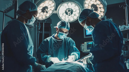 Medical Team Performing Surgical Operation in Modern Operating Room. Medical professionals working together in a hospital setting, including a doctor, nurse, and patient.