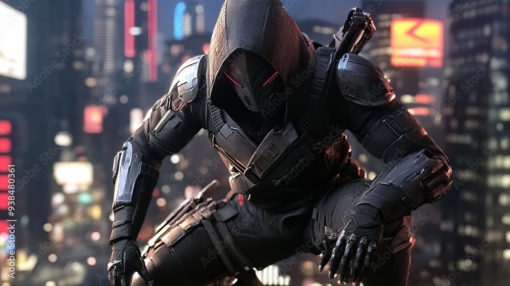 The assassin's figure crouches on the roof of a building, overlooking the bustling cyberpunk city at night. The assassin's figure crouches on the roof of a building, overlooking the bustling cyberpunk city at night.
