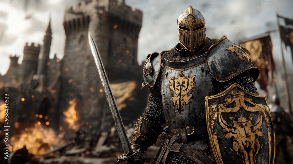 a brave knight in full armor, standing on a battlefield ravaged by war. a brave knight in full armor, standing on a battlefield ravaged by war.