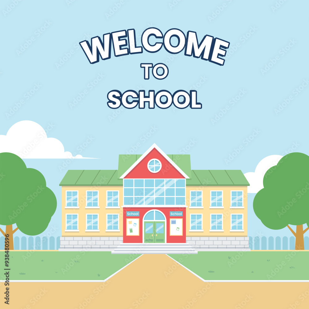vector graphic design of a welcome to school poster with illustration of school building in flat design style vector graphic design of a welcome to school poster with illustration of school building in flat design style