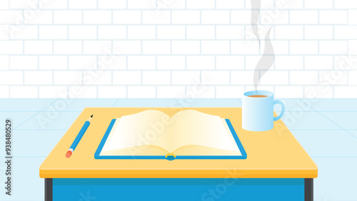 vector illustration of a pov study with books, pencils and a cup of hot drink on the table