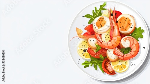 A vector of a beautifully plated seafood dish with shrimp, scallops, and vegetables, set against a clean background with ample space for text.