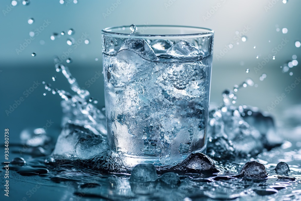 Glass of water with ice cubes splashing on blue background Glass of water with ice cubes splashing on blue background