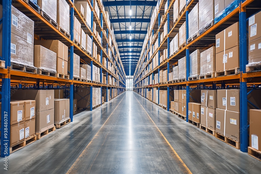 Fototapeta premium Large distribution warehouse aisle organizing packages for shipment