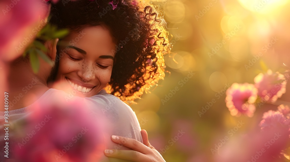 Serene Moment of Pure Affection - Romantic Couple Hugging in Blossoming Garden Serene Moment of Pure Affection - Romantic Couple Hugging in Blossoming Garden