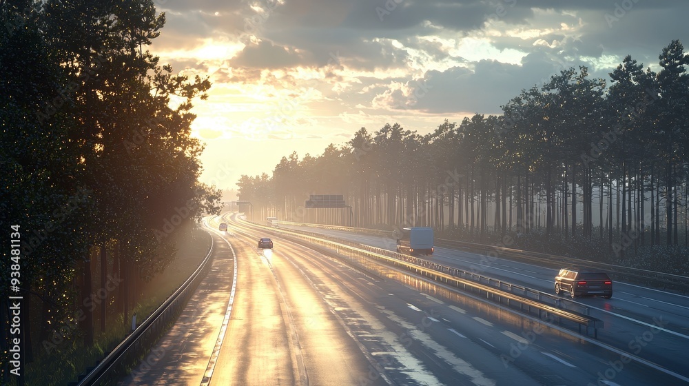 A wet highway stretches through a misty forest at sunset. Cars drive along the road, with a semi-truck in the distance. A wet highway stretches through a misty forest at sunset. Cars drive along the road, with a semi-truck in the distance.