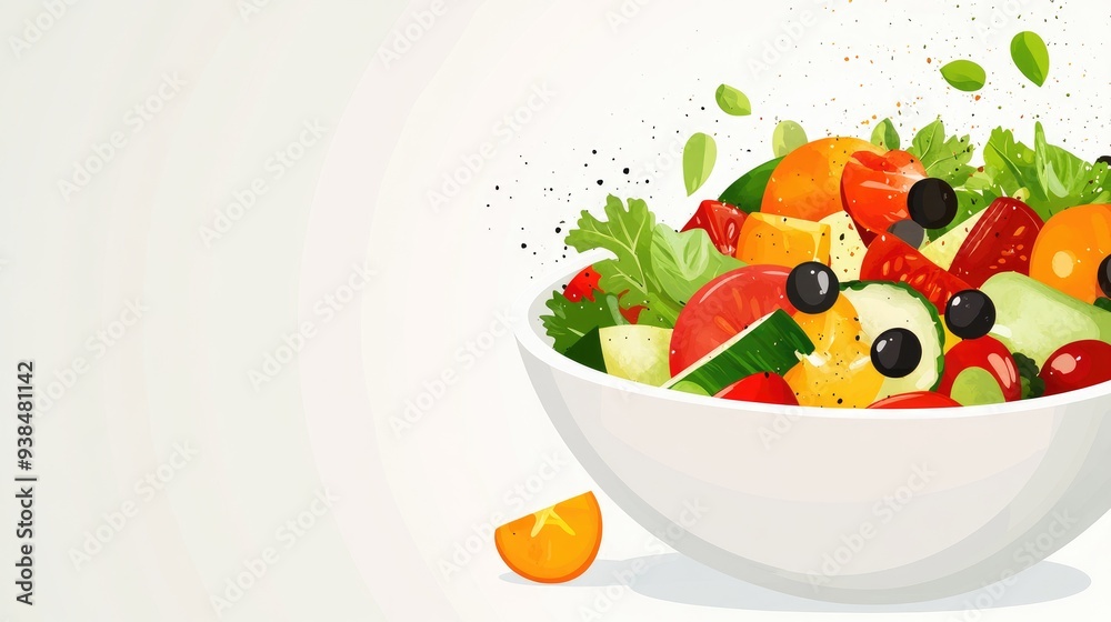 A vector of a vibrant salad bowl with fresh vegetables and fruits, set on a clean background with ample space for text. A vector of a vibrant salad bowl with fresh vegetables and fruits, set on a clean background with ample space for text.