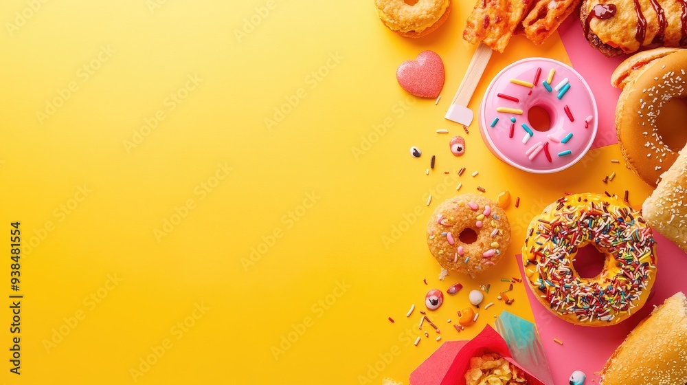 Bold and colorful fast food background with ample copy space, showcasing a selection of fast food treats. Bold and colorful fast food background with ample copy space, showcasing a selection of fast food treats.