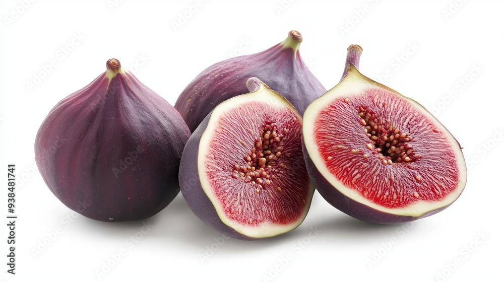 Three figs, one whole and two halved, isolated on a white background. Three figs, one whole and two halved, isolated on a white background.