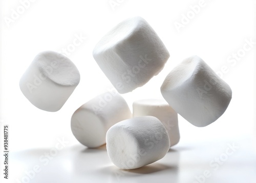 Falling marshmallow isolated on white background, selective focus