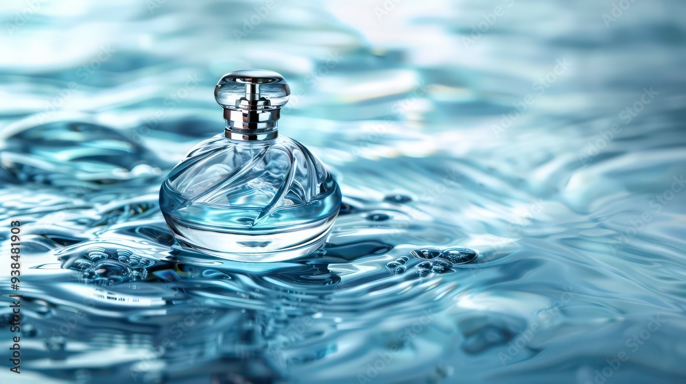 Glass bottle of perfume floating on a rippling surface of water. Glass bottle of perfume floating on a rippling surface of water.