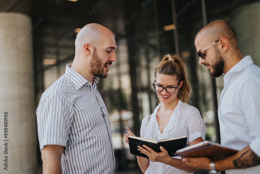 © qunica.com - Group of businesspeople having a discussion and reviewing notes during an outdoor meeting in an urban downtown area.