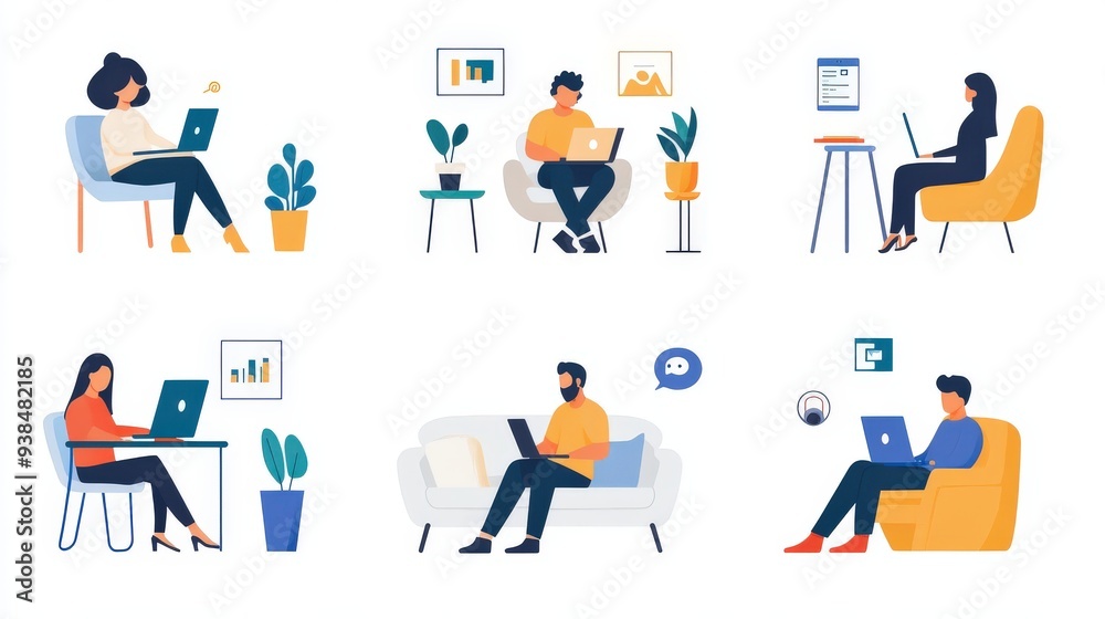 Collection of people icons in various work-from-home scenarios. Collection of people icons in various work-from-home scenarios.