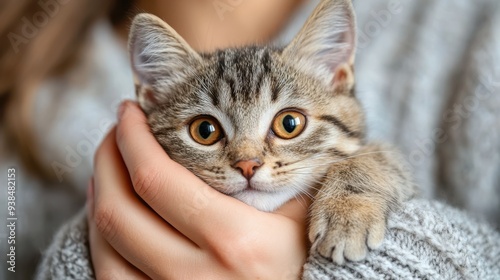 This close-up image showcases an adorable kitten cradled in warm hands, emphasizing the themes of comfort, warmth, and the affectionate bond shared between humans and their furry companions. photo