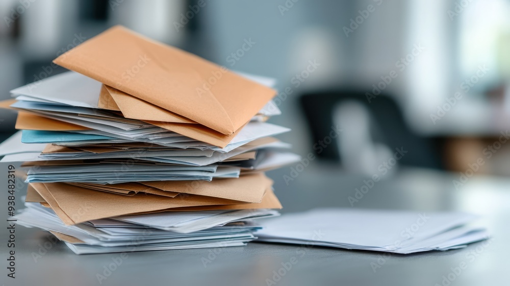 A pile of various envelopes and papers sits on top of a sleek office desk, suggesting a busy work environment with a high volume of correspondence and paperwork. A pile of various envelopes and papers sits on top of a sleek office desk, suggesting a busy work environment with a high volume of correspondence and paperwork.