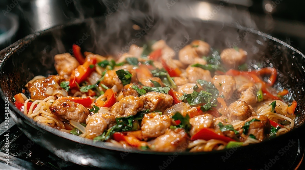 Delicious Steaming Stir Fry With Meat Vegetables and Noodles in a Pan Delicious Steaming Stir Fry With Meat Vegetables and Noodles in a Pan