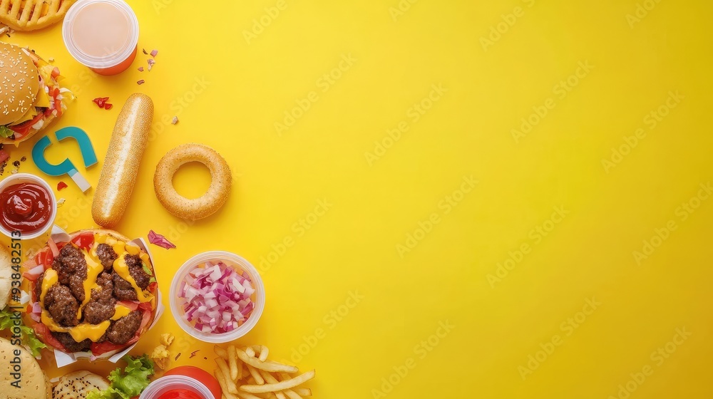 Eye-catching fast food background with copy space, including an assortment of fast food items and bright colors. Eye-catching fast food background with copy space, including an assortment of fast food items and bright colors.