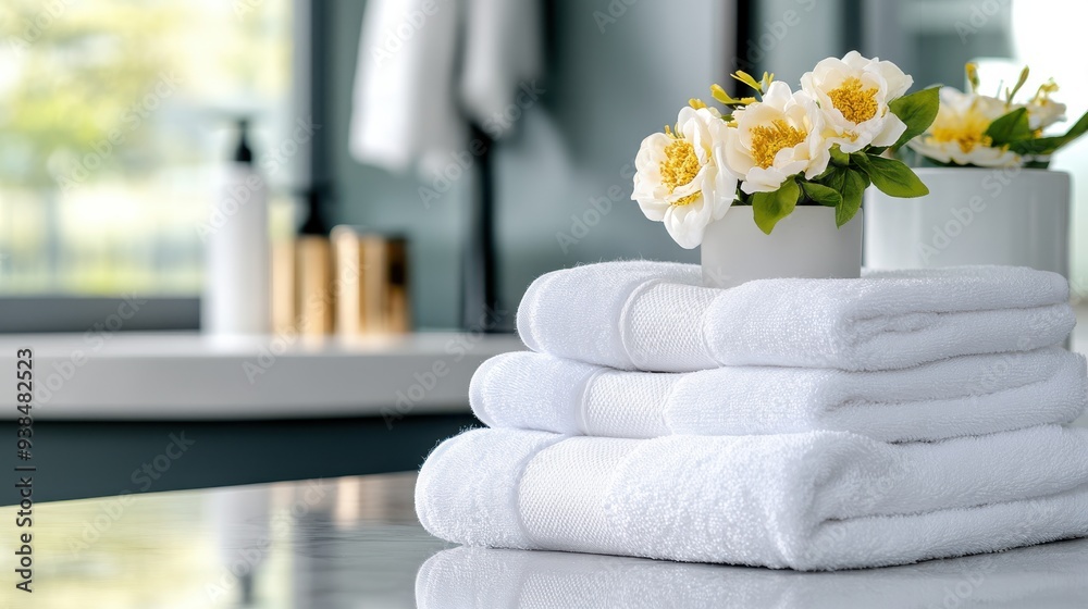 This image showcases a beautifully designed bathroom with neatly arranged white towels and delicate flowers, highlighting a luxurious and soothing ambiance. This image showcases a beautifully designed bathroom with neatly arranged white towels and delicate flowers, highlighting a luxurious and soothing ambiance.