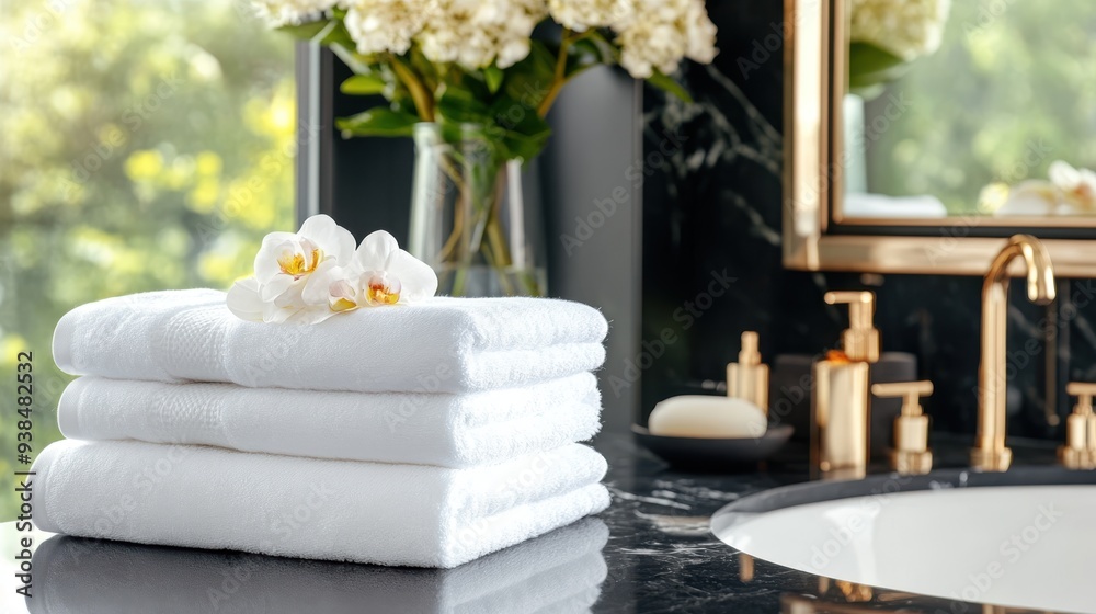 A beautifully composed image showing a stack of fresh, white towels with delicate flowers placed on top, set against a modern and elegant bathroom backdrop.