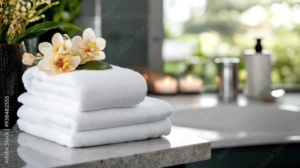 This luxurious bathroom image features fresh white towels with flowers arranged on top, suggesting a clean, elegant, and refined environment ideal for relaxation and comfort. This luxurious bathroom image features fresh white towels with flowers arranged on top, suggesting a clean, elegant, and refined environment ideal for relaxation and comfort.