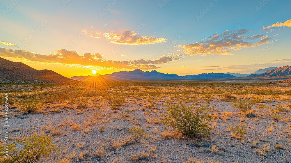 Obraz premium Dramatic Desert Sunset with Mountain Range and Sun Rays