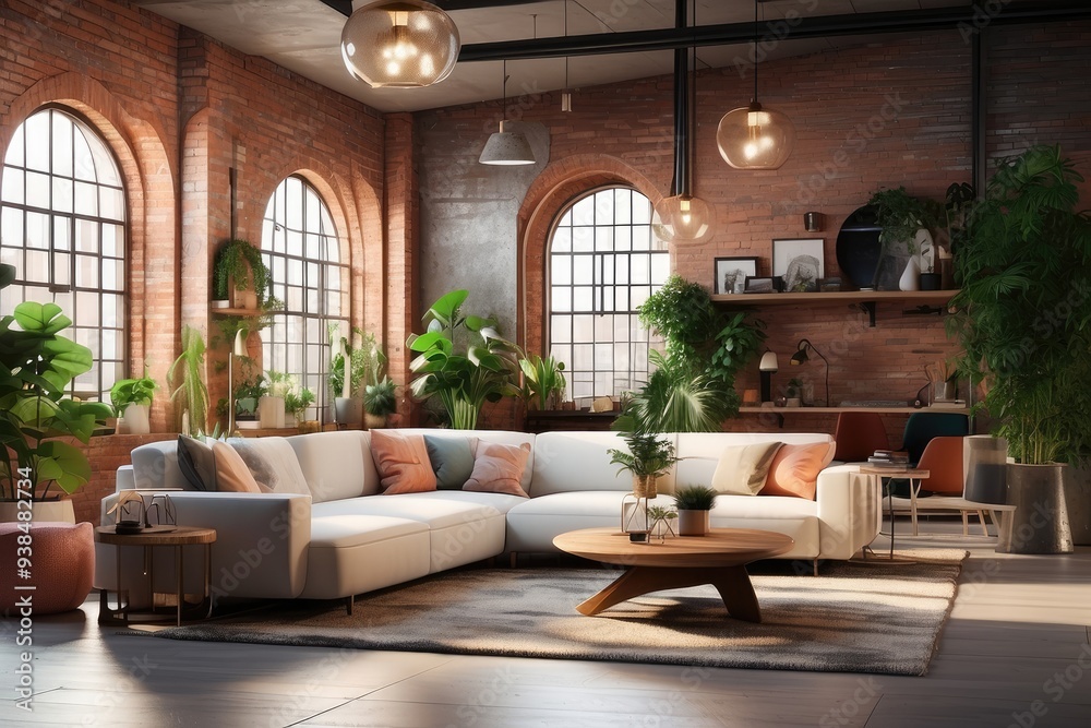 Obraz premium Living room interior in loft, industrial style, 3d render