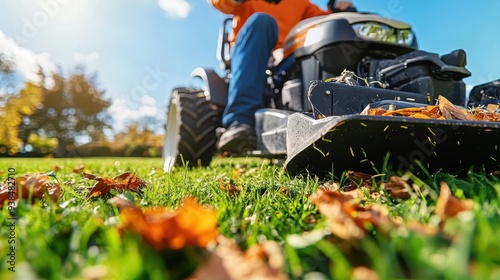 A person is riding a lawn mower tractor, clearing fallen autumn leaves off a green lawn, indicating lawn maintenance, gardening, and outdoor care in a sunny day setting. photo