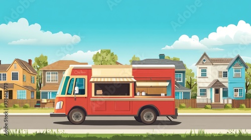 Food truck template in a suburban neighborhood, with ample space for text or logos.