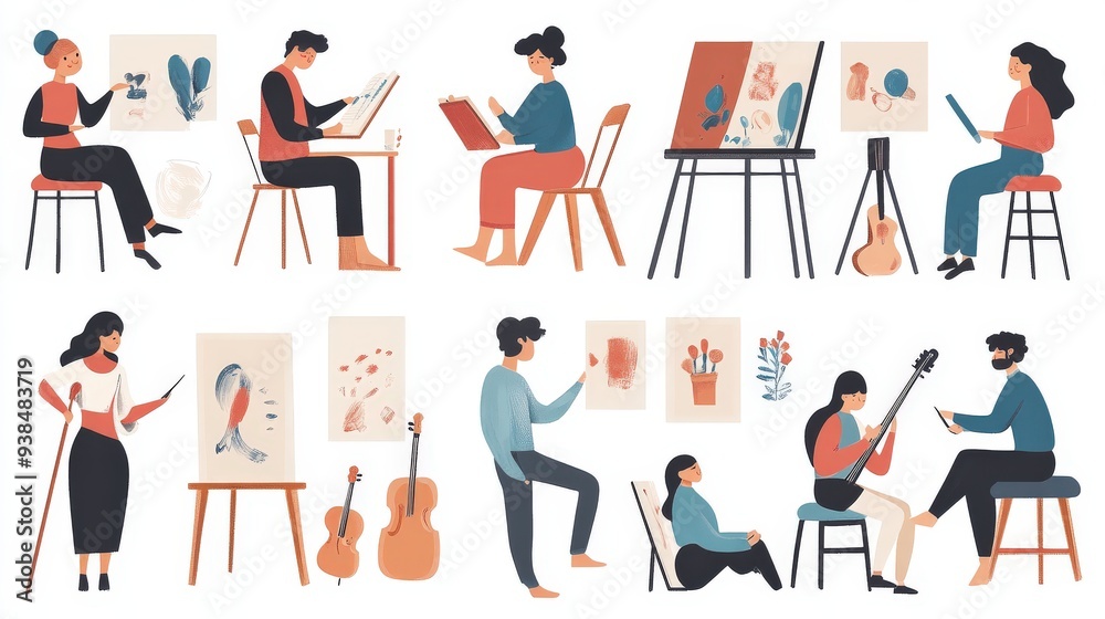 Icons of people involved in creative activities, like painting, writing, and playing instruments. Icons of people involved in creative activities, like painting, writing, and playing instruments.