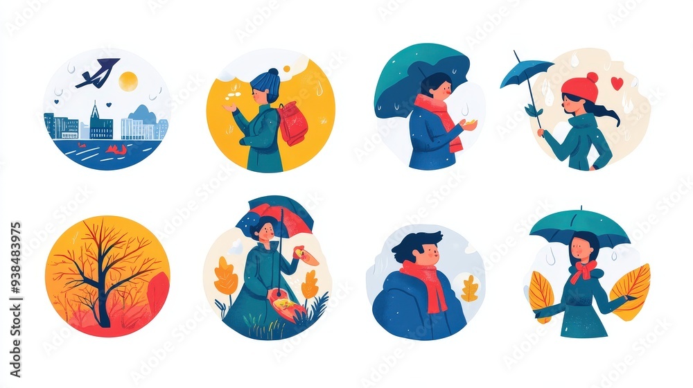 Fototapeta premium Icons representing people in different weather and seasonal activities.