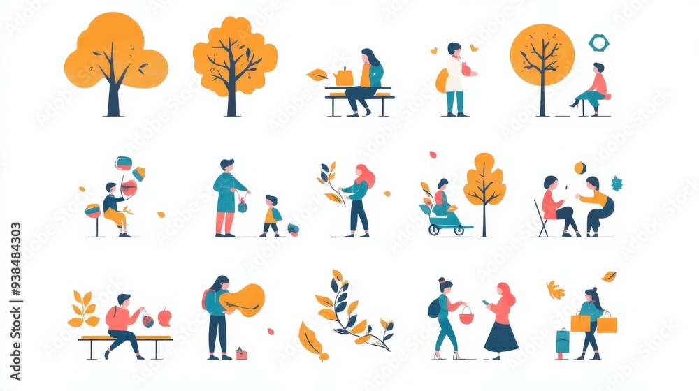 Set of icons showing people in different seasonal activities. Set of icons showing people in different seasonal activities.
