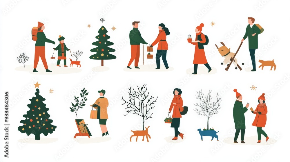 Set of icons showing people in different seasonal activities.