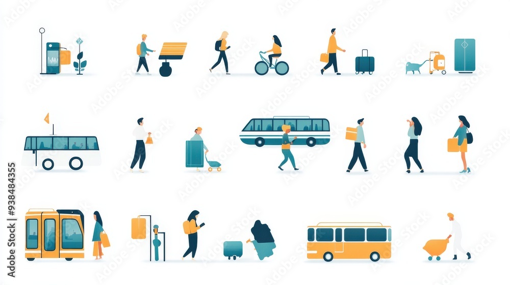Set of icons showing people in transportation and travel scenarios. Set of icons showing people in transportation and travel scenarios.