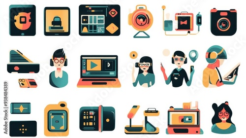 Set of icons showing people using modern technology and gadgets.