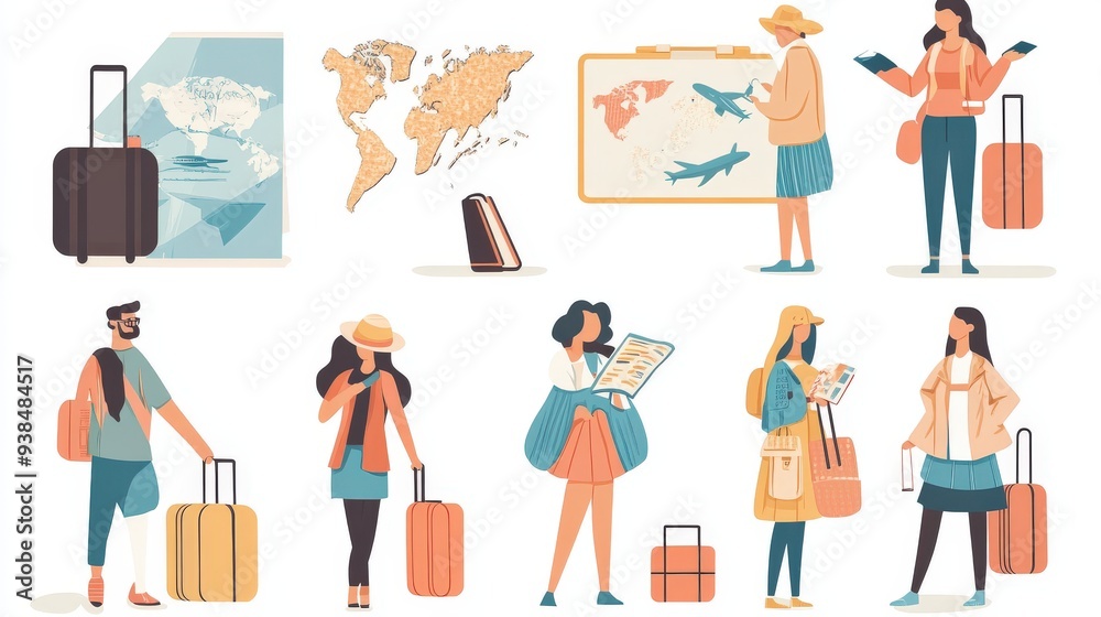 Set of travel-related people icons with luggage, maps, and travel documents.