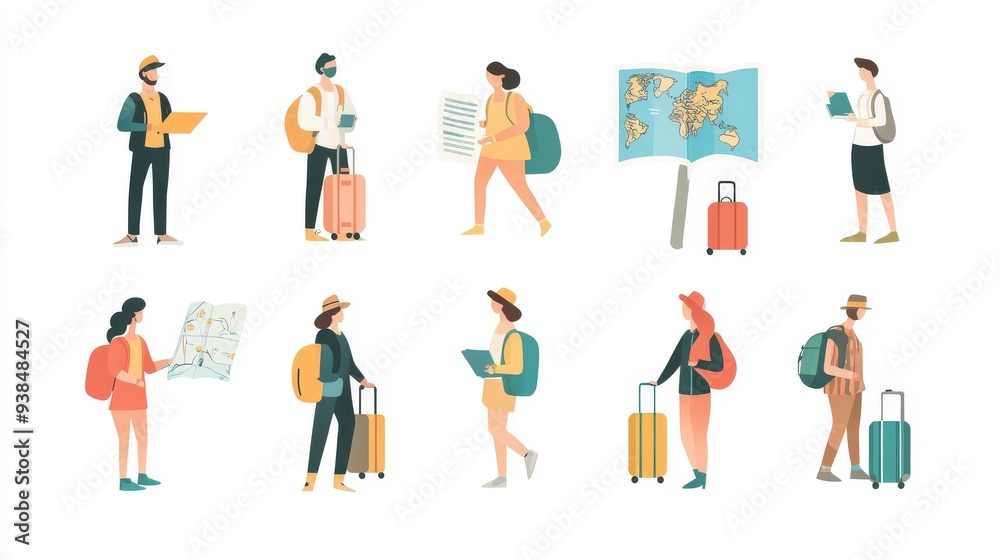 Set of travel-related people icons with luggage, maps, and travel documents. Set of travel-related people icons with luggage, maps, and travel documents.
