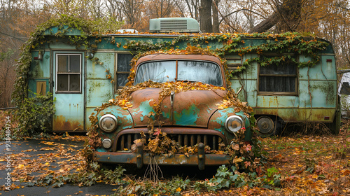 A rusty old car covered with wild ivy left in front of an abandoned trailer
