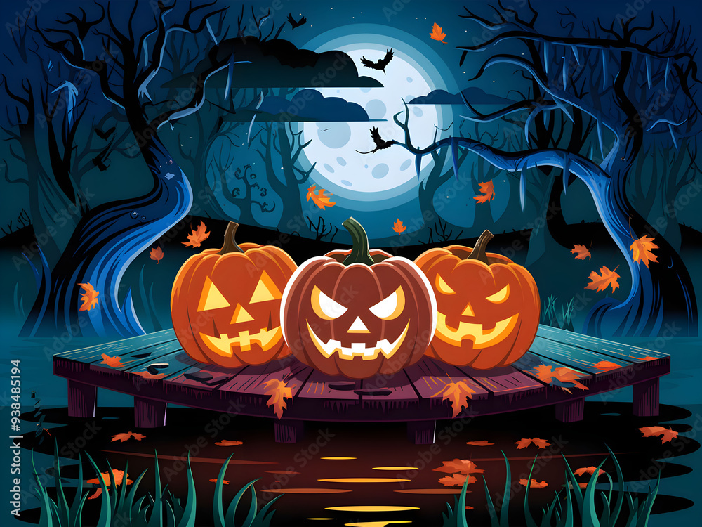 Fototapeta premium Spooky Jack-O'-Lanterns on a Haunted Dock in a Forest Under the Full Moon