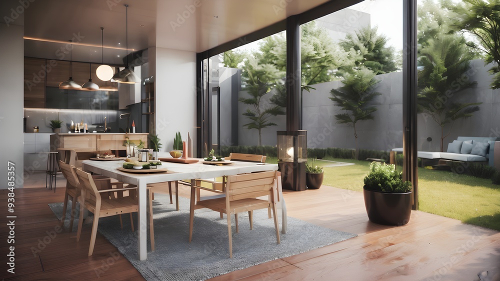 Fototapeta premium dining room interior with big windows and view outside