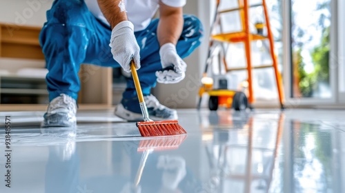 A person wearing white gloves is focused on cleaning the floor with a red brush, showcasing the importance of cleanliness and attention to detail in maintaining floors. photo