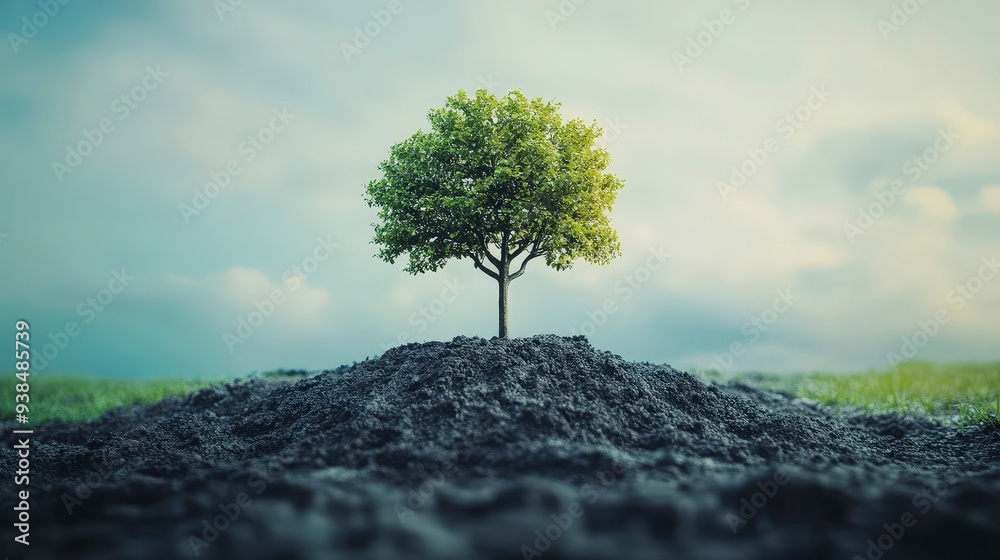 A single tree growing on a pile of dirt against a cloudy sky. A single tree growing on a pile of dirt against a cloudy sky.