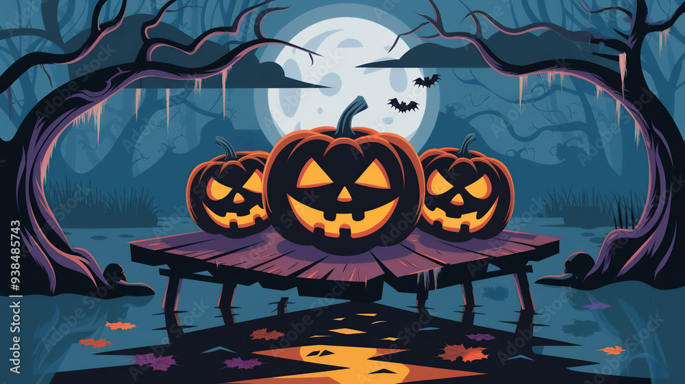 Spooky Jack-O'-Lanterns on a Haunted Dock in a Forest Under the Full Moon Spooky Jack-O'-Lanterns on a Haunted Dock in a Forest Under the Full Moon