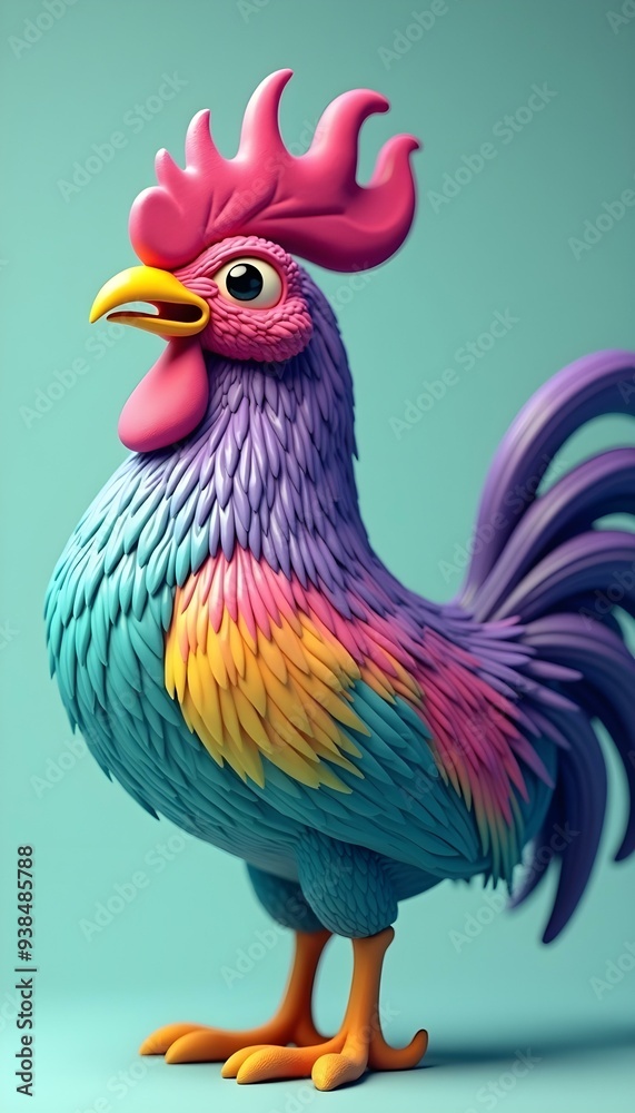 A colorful rooster with bright red and yellow feathers, a prominent crest, and a thick beak, positioned against a dark teal background, rendered in 3D  