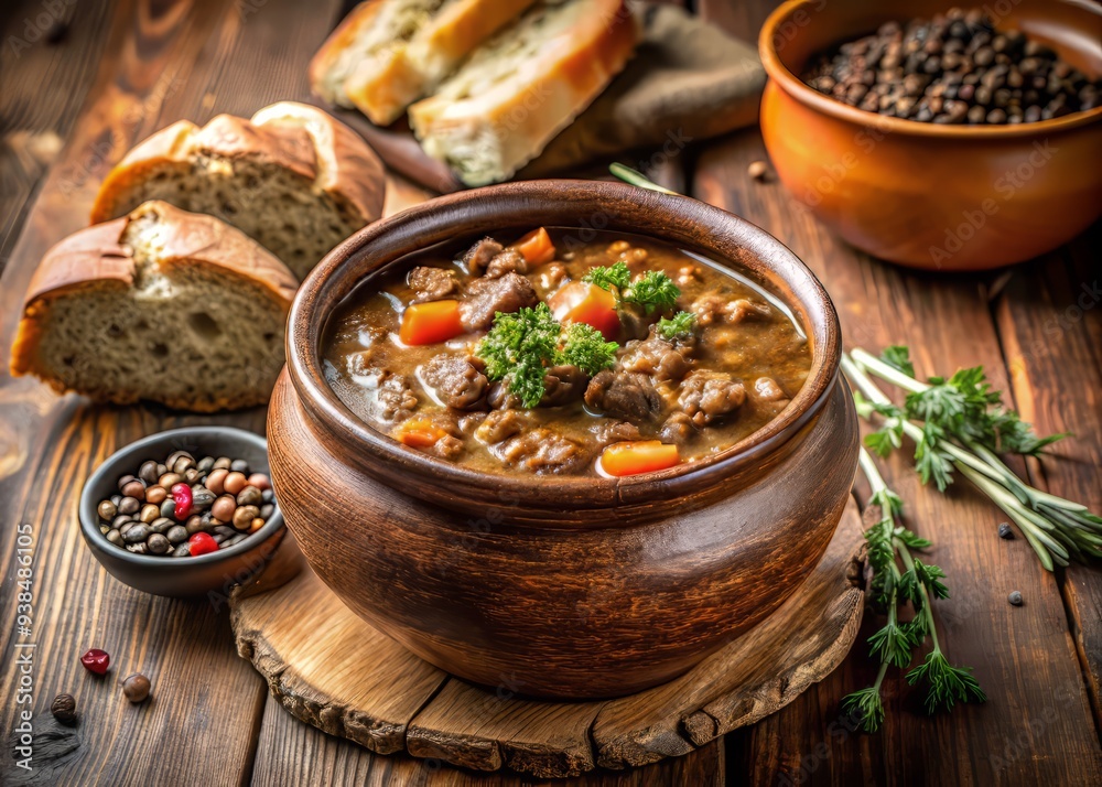 Richly textured beef and lentil stew overflows from a rustic ceramic pot, surrounded by crusty bread and fresh thyme, evoking warmth and comfort on a cozy winter evening. Richly textured beef and lentil stew overflows from a rustic ceramic pot, surrounded by crusty bread and fresh thyme, evoking warmth and comfort on a cozy winter evening.