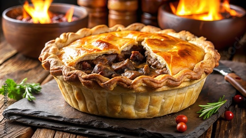 rich brown beef pot pie fresh out oven molten lava filling oozing velvety smooth pastry crust flaky layered texture warm comforting autumnal colors photo