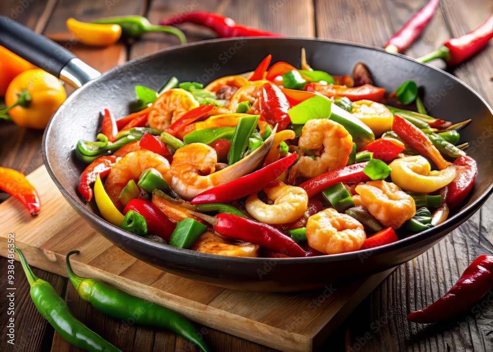 bold colors dramatic low-angle shot overhead stir-fry sizzling wok shrimp jumping out vibrant vegetables tossed high contrast bold red chili peppers bold colors dramatic low-angle shot overhead stir-fry sizzling wok shrimp jumping out vibrant vegetables tossed high contrast bold red chili peppers