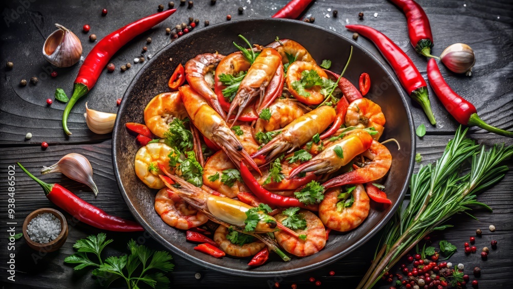 stylish modern twist bold composition centered wok sizzling shrimp graphic lines contrasting colors bold red chili peppers scattered fresh herbs stylish modern twist bold composition centered wok sizzling shrimp graphic lines contrasting colors bold red chili peppers scattered fresh herbs