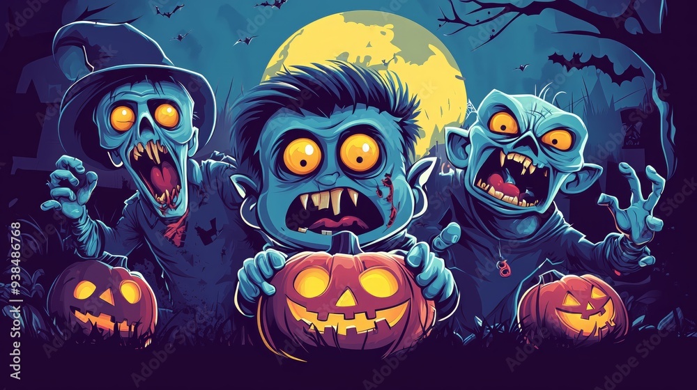 funny picture of halloween characters together, zombie, witch, pumpkin, vampire, frankinstein, castle and spirits funny picture of halloween characters together, zombie, witch, pumpkin, vampire, frankinstein, castle and spirits