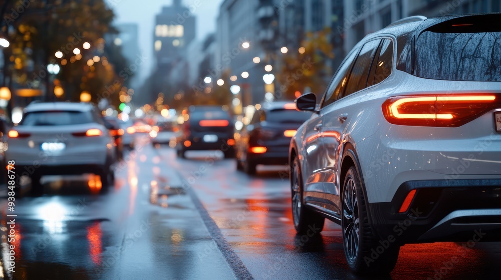 The white car maneuvers through a busy urban street under the bright city lights, reflecting both the vibrancy and the hustle of modern city life at night. The white car maneuvers through a busy urban street under the bright city lights, reflecting both the vibrancy and the hustle of modern city life at night.
